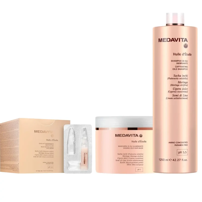 Medavita Huile d'Étoile Set Professionale - Shampoo Maschera e Trattamento - Effetto Capelli Rigenerati