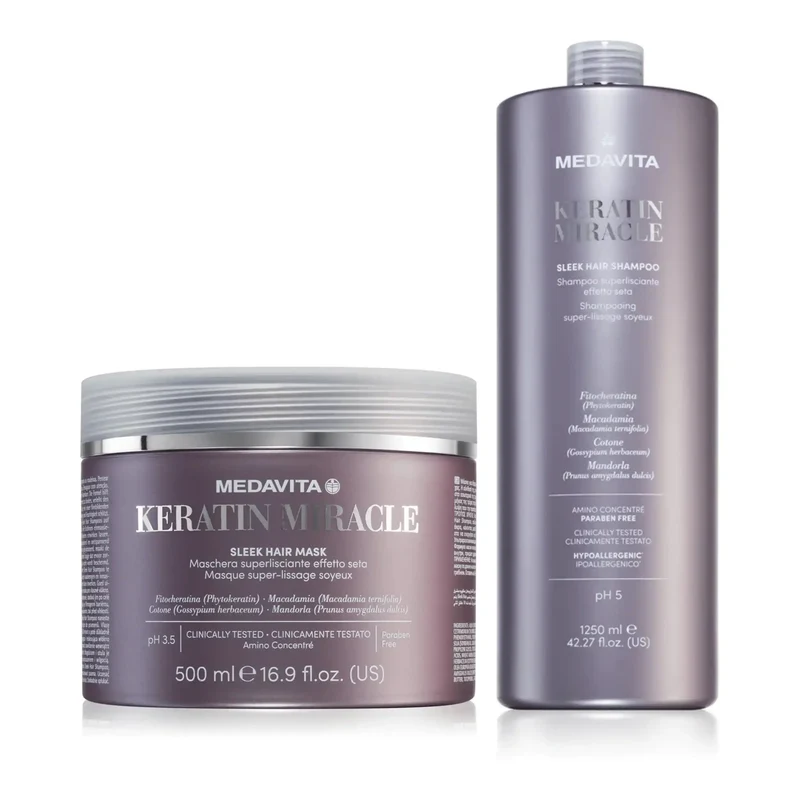 Medavita Keratin Miracle Sleek Hair Set - Shampoo e Maschera Liscianti per Capelli Crespi