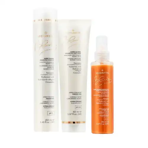 Set Medavita Blondie Sunset: Shampoo 250ml, Maschera 150ml & Siero Riflessante 150ml - per Capelli Biondi Caldi