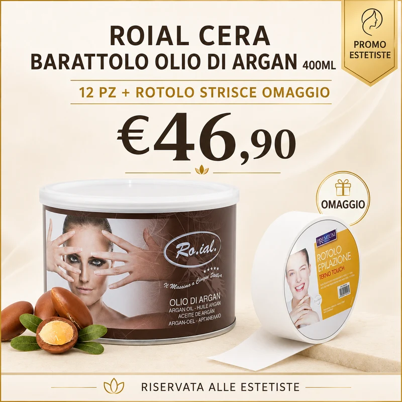 ROIAL CERA BARATTOLO OLIO DI ARGAN 400ML 12 PZ + ROTOLO STRISCE OMAGGIO