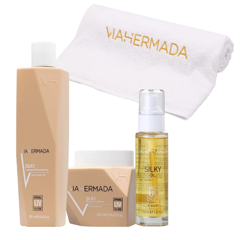 VIAHERMADA Silky Shampoo 250ml Mask 250ml Silky Oil 50ml + Asciugamano da mare bianco OMAGGIO