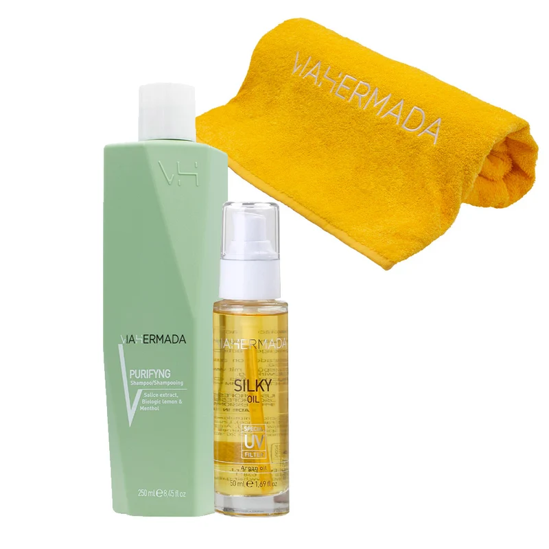 VIAHERMADA Purifyng Shampoo 250ml Silky Oil 50ml + Asciugamano Mare Giallo OMAGGIO