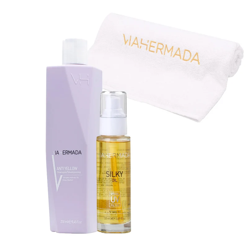 VIAHERMADA Anti-Yellow Shampoo 250ml Silky Oil 50ml + Asciugamano Mare Bianco OMAGGIO