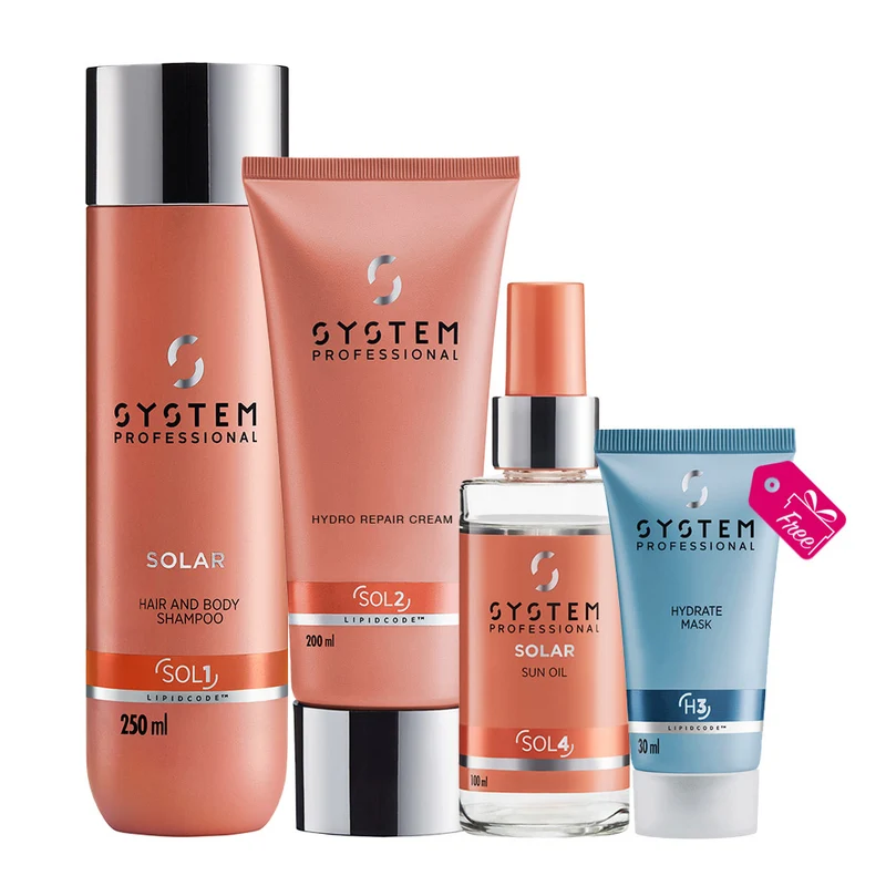 System Professional Solar Shampoo250ml Conditioner200ml Oil100ml + Hydrate Mask H3, 30ml OMAGGIO