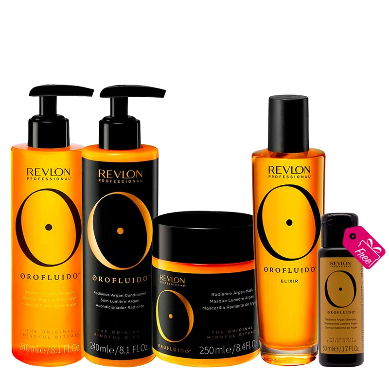 Revlon Orofluido Radiance Argan Shampoo 250ml Conditioner 240ml Mask 250ml Oil 100ml + Argan Shampoo 50ml OMAGGIO