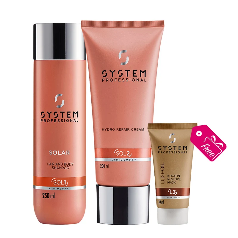 System Professional Solar Hair & Body Shampoo250ml Conditioner200ml + LuxeOil Mask L3, 30ml OMAGGIO