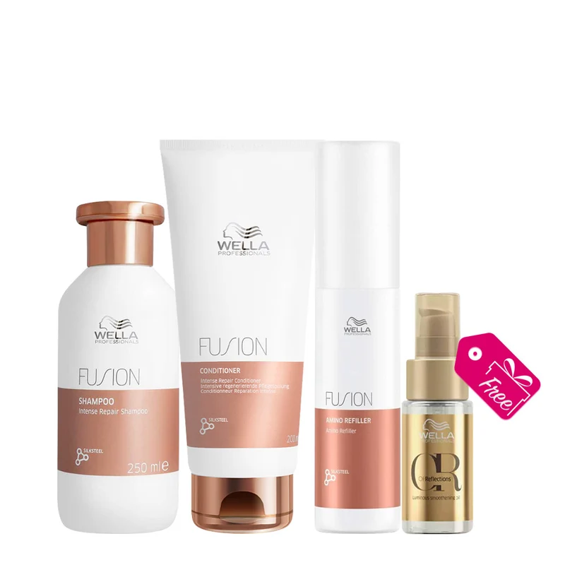 Wella Fusion Intense Repair Shampoo 250ml Mask 150ml Amino Refiller 70ml + Oil Reflections Luminous Oil 30ml OMAGGIO