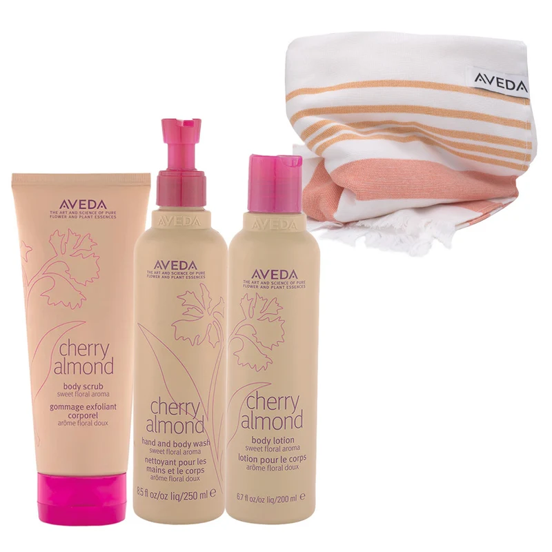 Aveda Cherry Almond Body Scrub 200ml Hand & Body Wash 250ml Body Lotion 200ml + Telo Omaggio