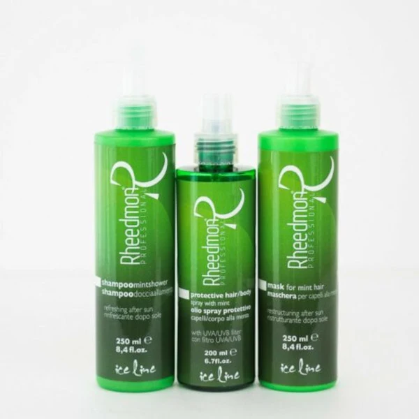 KIT ICE LINE SHAMPOO+SPRAY+MASCHERA DOPO SOLE PER CAPELLI ALLA MENTA RHEEDMON