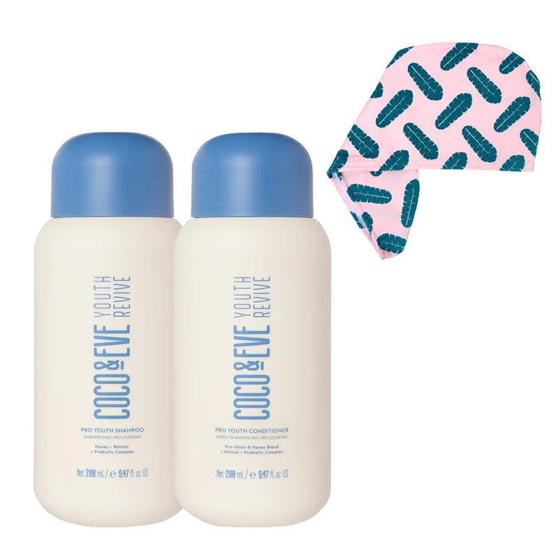 Coco & Eve Youth Revive Pro Youth Shampoo 280ml Conditioner 280ml + Microfibre Towel Wrap Leaf Print