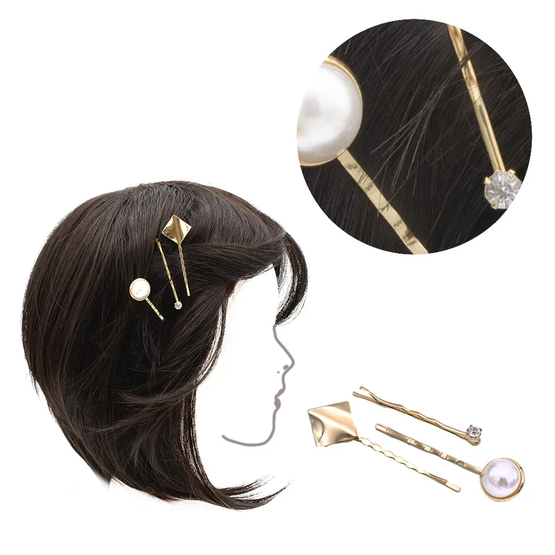 VIAHERMADA Set di tre clip in metallo dorato con strass e perla 5cm