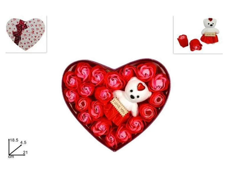 Scatola regalo a forma di cuore con orsetto e rose per san valentino anniversari