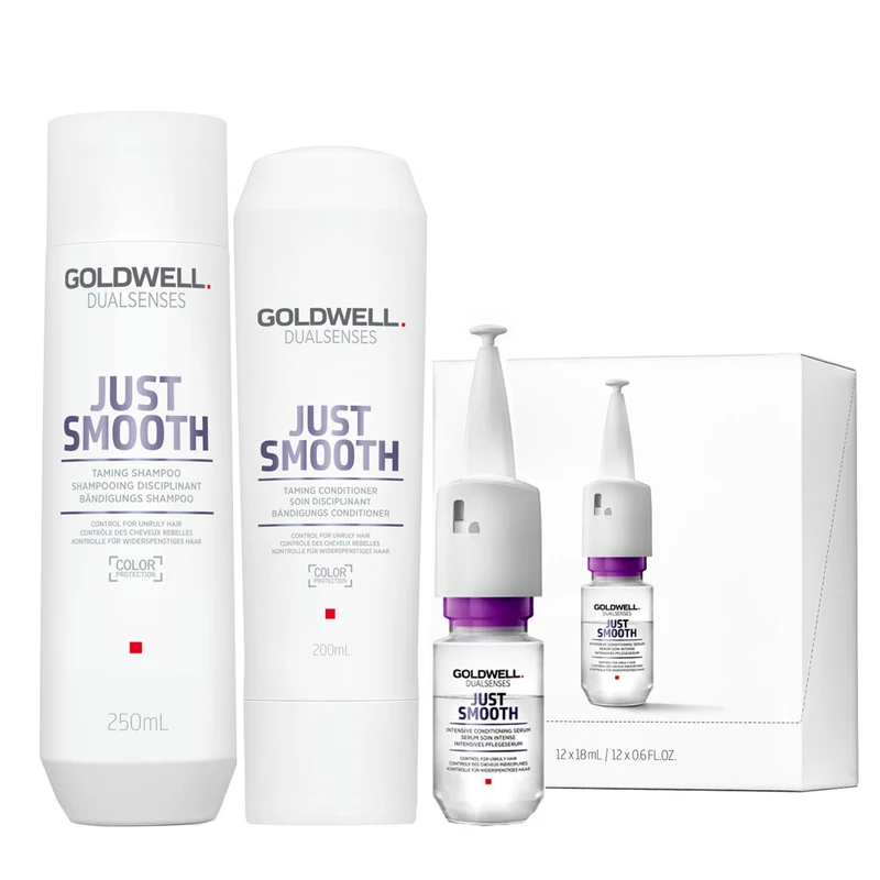 Goldwell Dualsenses Just Smooth Taming Shampoo 250ml Conditioner 200ml Serum 12x18ml
