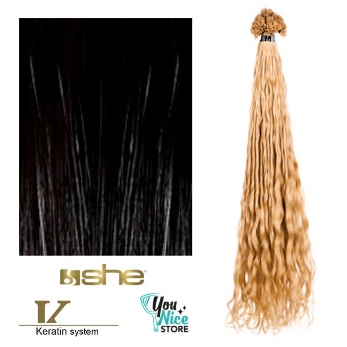 10 ciocche extension professionali a cheratina SHE 55 60 cm Capelli Ricci colori naturali