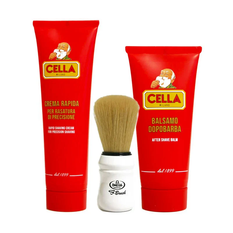 Kit Cella Rasatura Rosso Crema Rapida Rasatura Precisione 150 ml e Balsamo Dopobarba 100 ml Cella Milano - Pennello S-Brush S10049 Omega