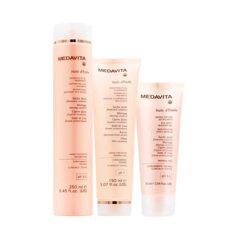 Medavita Huile d'etoile Shampoo di Oli 250ml Maschera 150ml Bagno doccia 75ml