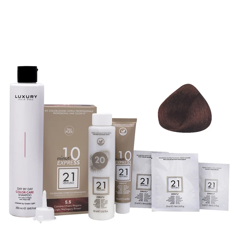 21 Ventuno Kit Colorazione 5.5 Castano Chiaro Mogano + Shampoo 250ml- tinta fai da te pronta all'uso