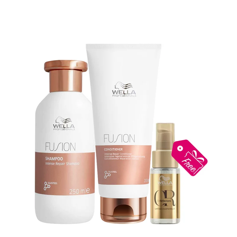 Wella Fusion Intense Repair Shampoo 250ml Conditioner 200ml + Oil Reflections Luminous Smoothing Oil 30ml