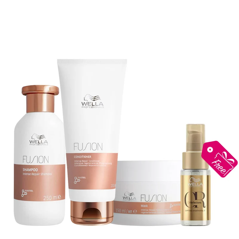 Wella Fusion Intense Repair Shampoo 250ml Conditioner 200ml Mask 150ml + Oil Reflections Luminous Oil 30ml OMAGGIO