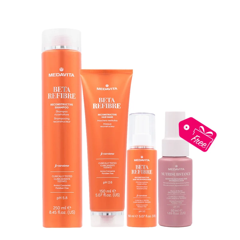 Medavita Beta Refibre Reconstructive Shampoo 250ml Maschera 150ml Siero 150ml + Repairing Microemulsion 50ml OMAGGIO