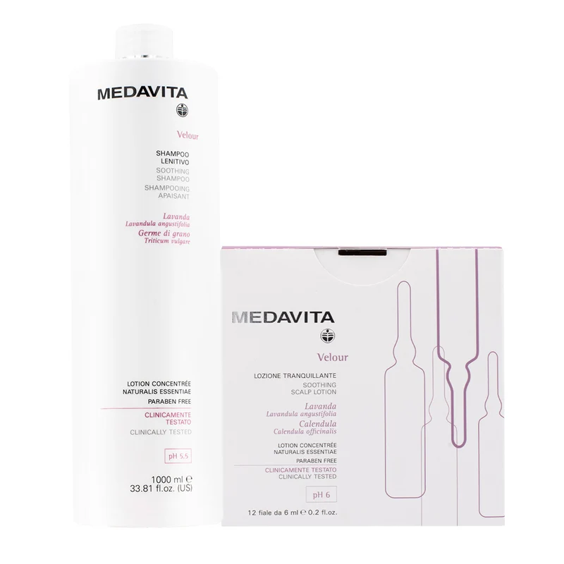 Medavita Velour Shampoo Lenitivo 1000ml e Fiale 12x6ml per Cute con Desquamazione