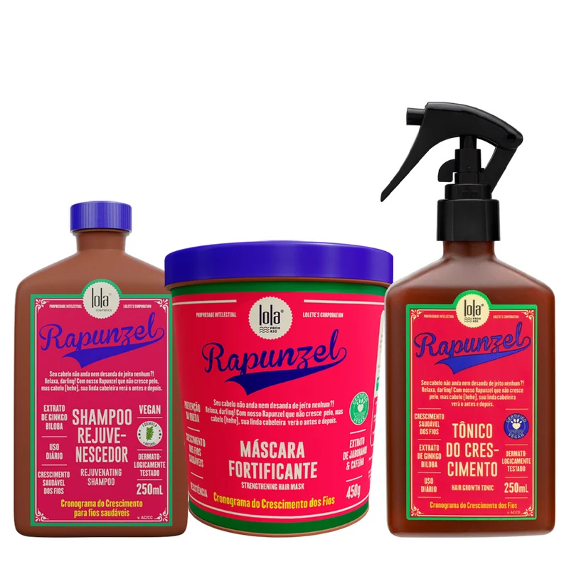 Lola From Rio Rapunzel Shampoo Rejuvenescedor 250ml Mascara Fortificante 450gr Tonico do Crescimento 250ml