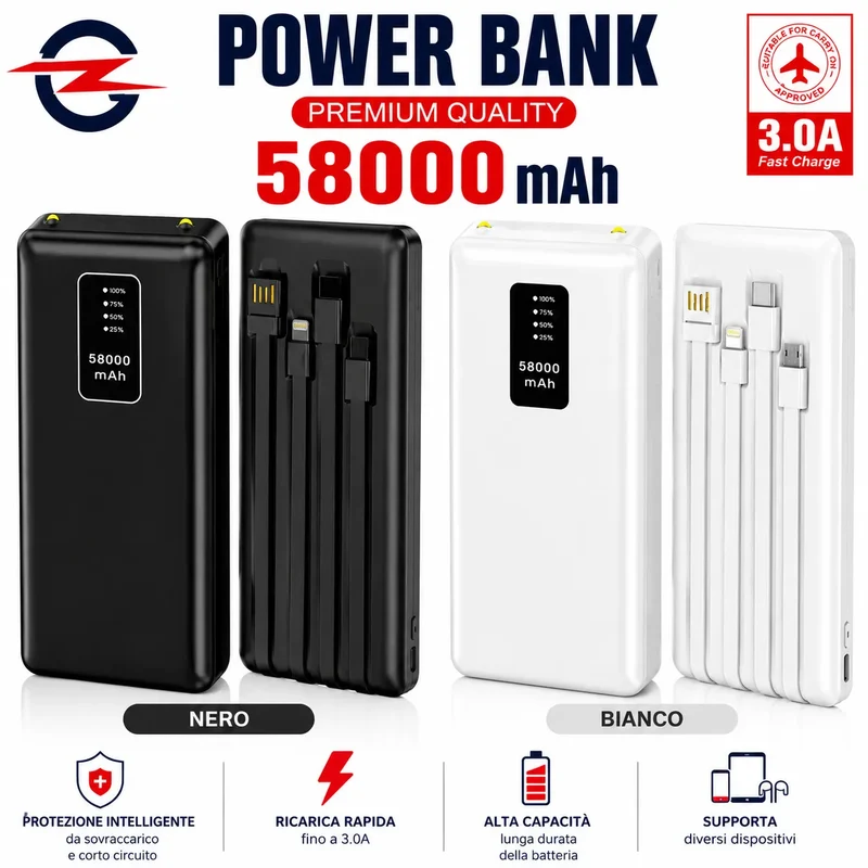 Power Bank 58000 mAh con 4 Cavi Integrati, Display LED e Ricarica Rapida 3.0A – Batteria Esterna Portatile USB-C, Lightning, Micro USB