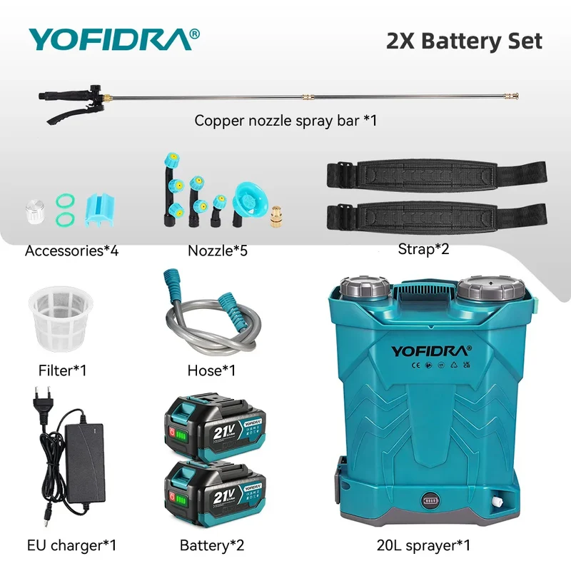 YOFIDRA Spruzzatore a Zaino Senza Fili 20L con 2 Batterie da 21V 3Ah per Irrigazione, Giardinaggio, Pulizia e Disinfezione