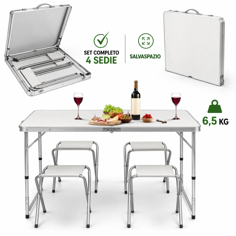 Tavolo Pieghevole con 4 Sedie in MDF e Metallo Rinforzato per Campeggio, Picnic e Giardino