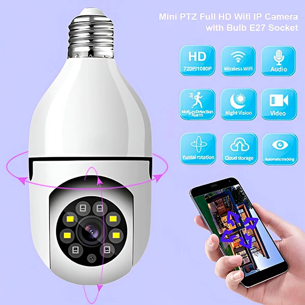 Telecamera Panoramica WiFi 360° con Attacco Lampadina E27 per Videosorveglianza e Controllo da Smartphone