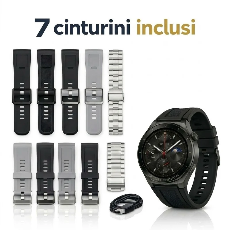 Smartwatch V5 in Acciaio Inox con 7 Cinturini, Chiamate Bluetooth e Fitness
