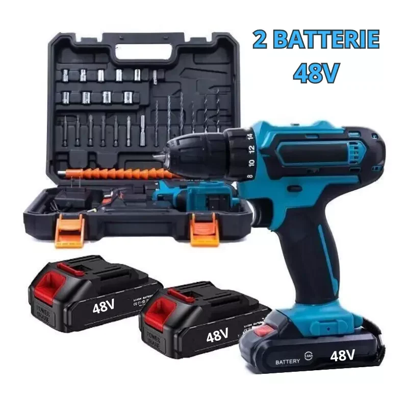 Trapano Avvitatore Percussione 48V - 2 Batterie + 24 Accessori