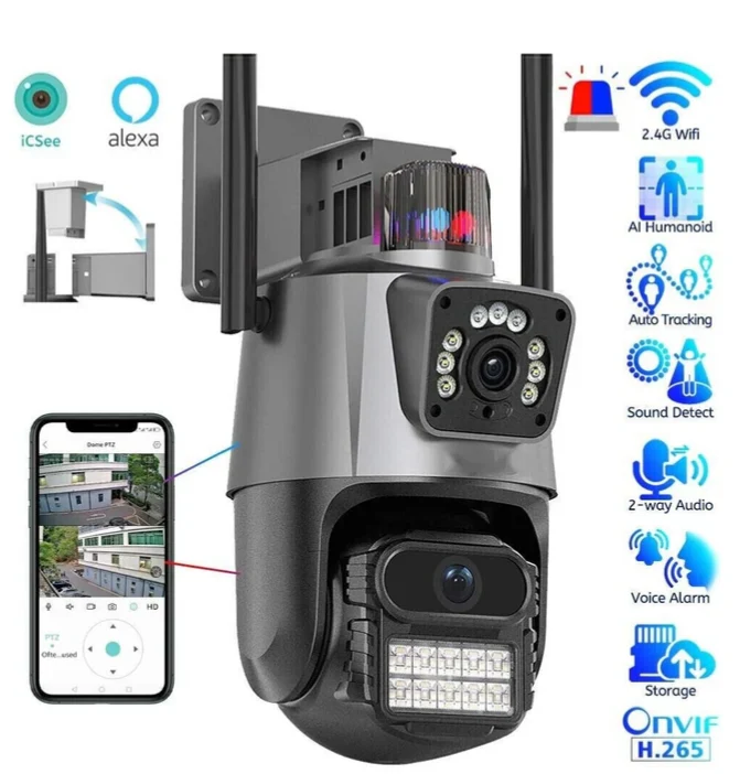 Telecamera di Sorveglianza IP PTZ 9MP 4K HD con Doppio Schermo, Tre Obiettivi, Tracciamento Automatico, Visione Notturna a Colori