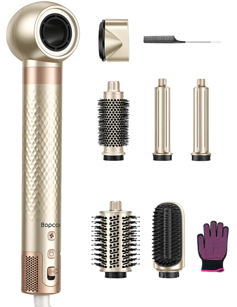 Bopcal 7-in-1 Air Styler & Hair Dryer Brush, 170,000 RPM High-Speed Multi Styler with Auto Wrap Curlers, Ionic Blow Dryer Brush, Volumizing & Smoothing Brushes for Fast Drying, Curls & Salon Blowouts