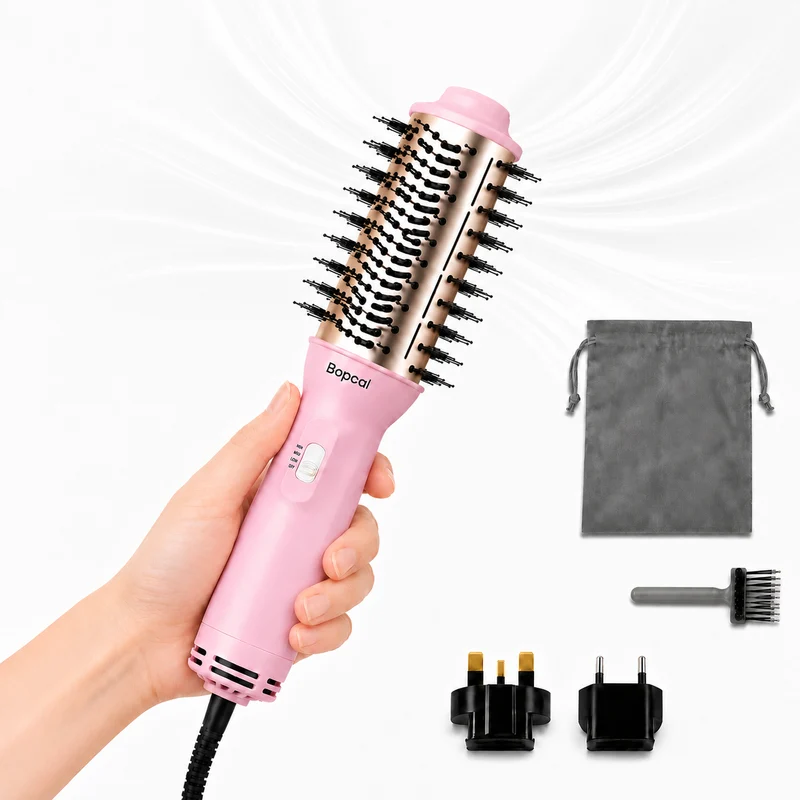 Bopcal Mini Travel Hair Dryer Brush, Dual Voltage Blow Dryer Brush in One (M-Pink) | 100-240V Hot Air Styler Europe Travel Essentials for Women, 2 Inch Portable Blowout Styling with EU and UK Plug