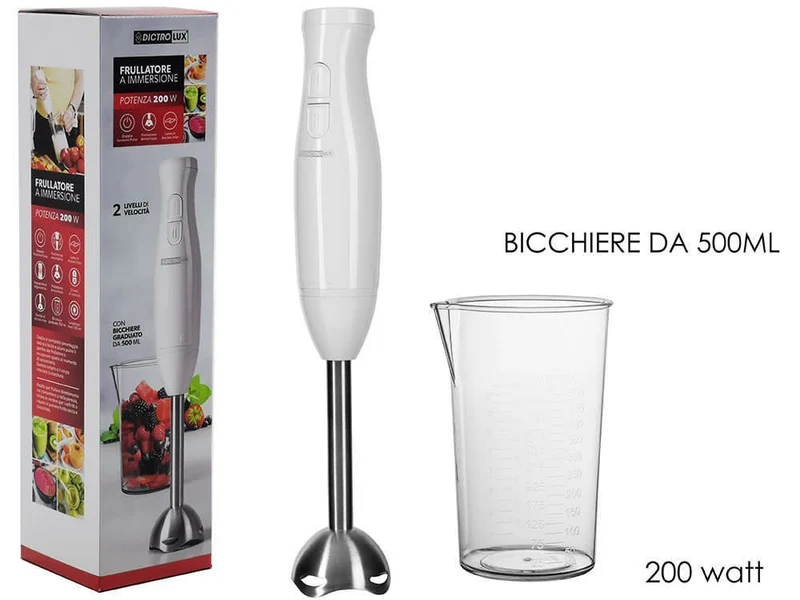 Frullatore Ad Immersione 200w Lama Acciaio Inox Tritatutto Minipimer e bicchiere da 500 ml
