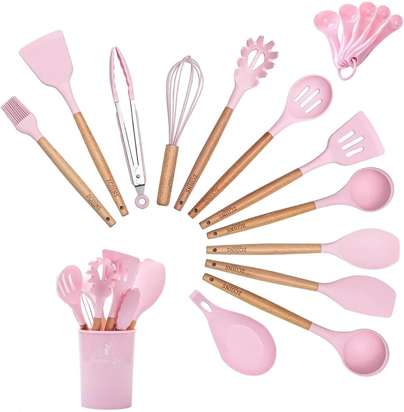Set di utensili da cucina utensili da cucina da 12 pezzi set di utensili da cucina con portautensili rosa