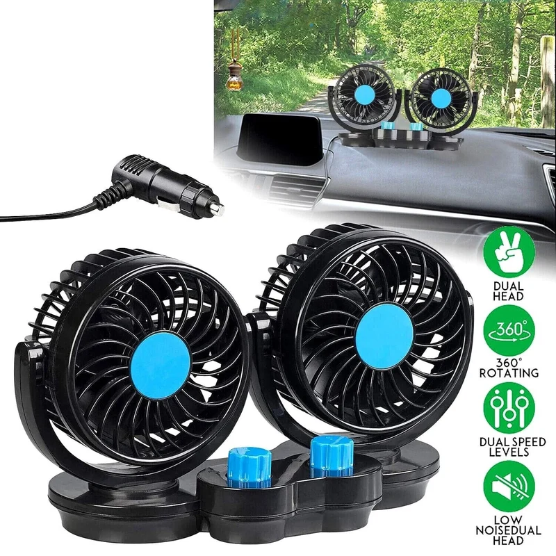 Ventilatore Portatile Da Auto 12V con 2 Ventole Orientabili 🔄 | Ideale per Viaggi in Camper e Camion