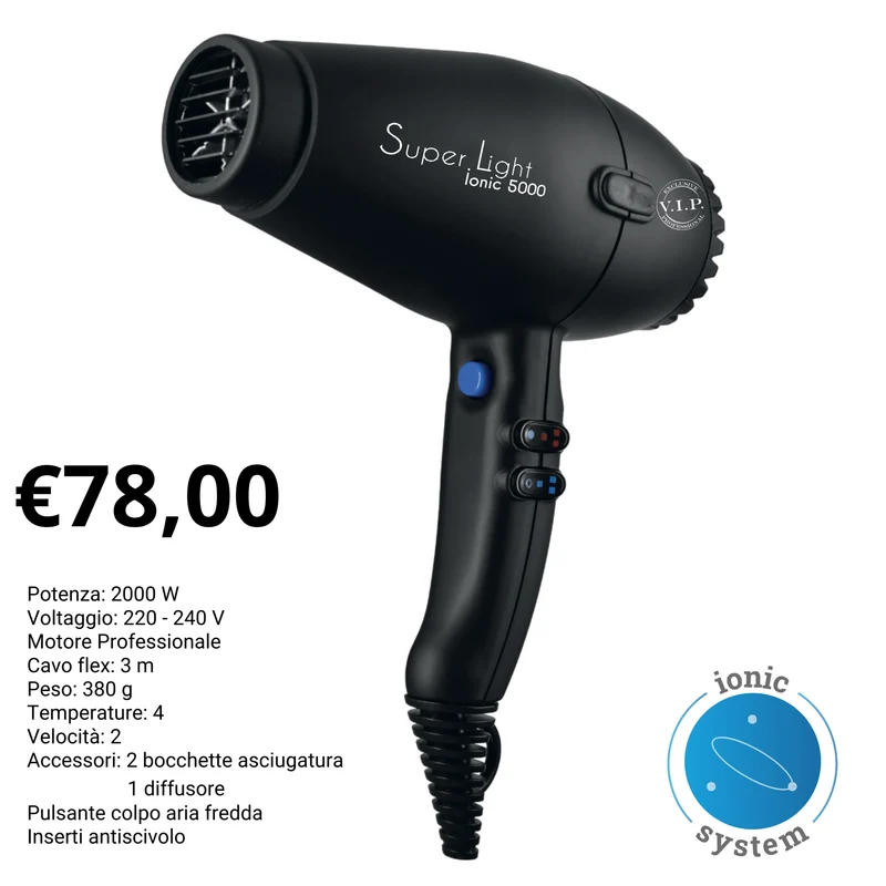 Asciugacapelli Professionale SUPER LIGHT IONIC 5000 - VIP ACCESSORI