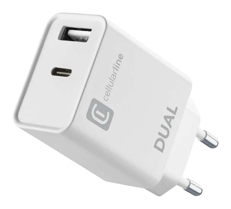 Cellularline Dual Charger - iPhone 8 or later Caricabatterie da rete con 2 porte USB e USB-C per la carica simultanea di due dispositivi Apple Bianco